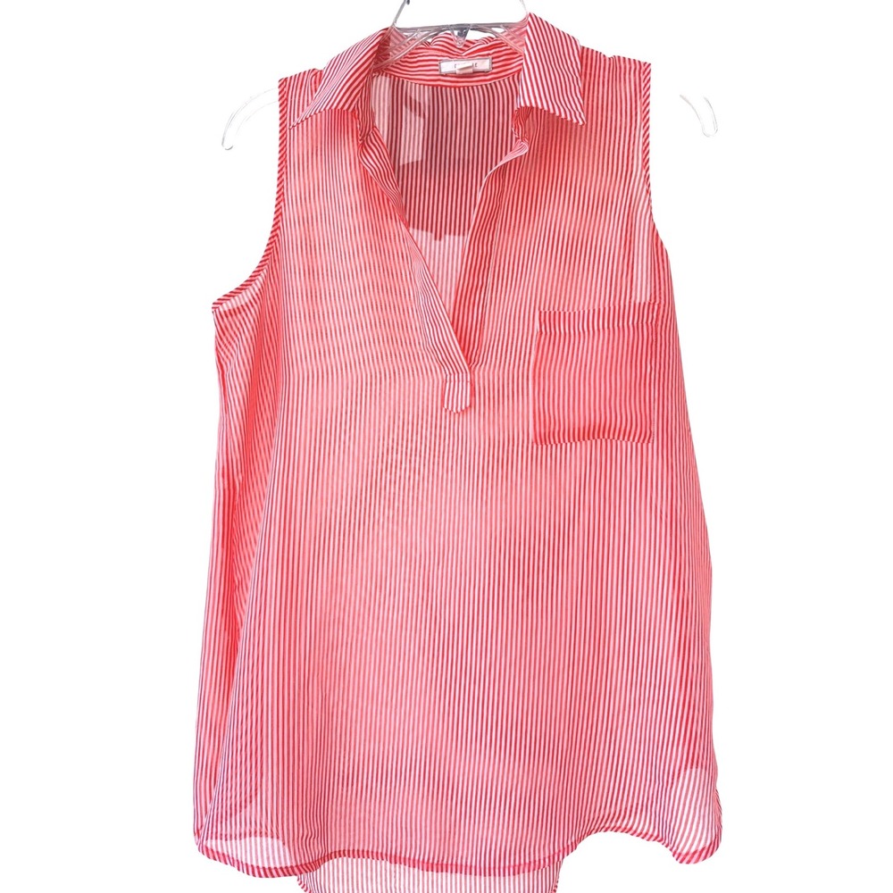 Pleione red white stripe sheer sleeveless blouse collar splitβ neckline SM